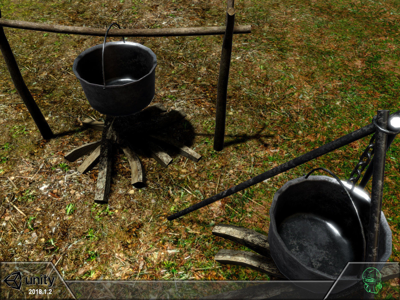 Bonfire two pots and fire pit Low-poly 3D model_3
