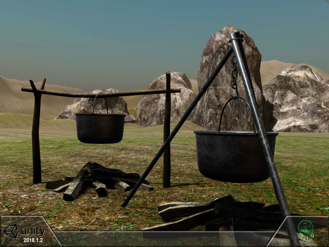 Bonfire two pots and fire pit Low-poly 3D model_5