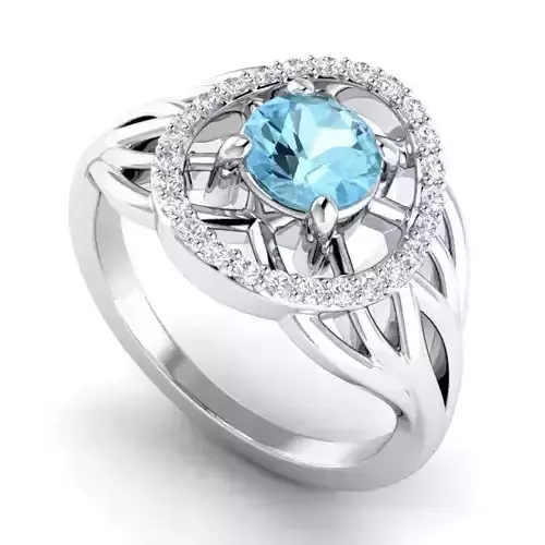 Round Shaped Engagement Ring With Skyblue Diamond Centerpiece
