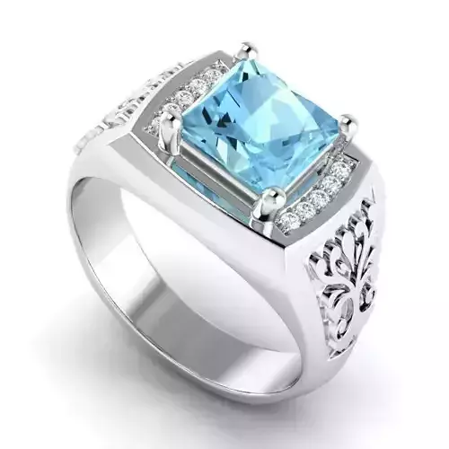 Carved Engagement Ring With Sky Blue Diamond