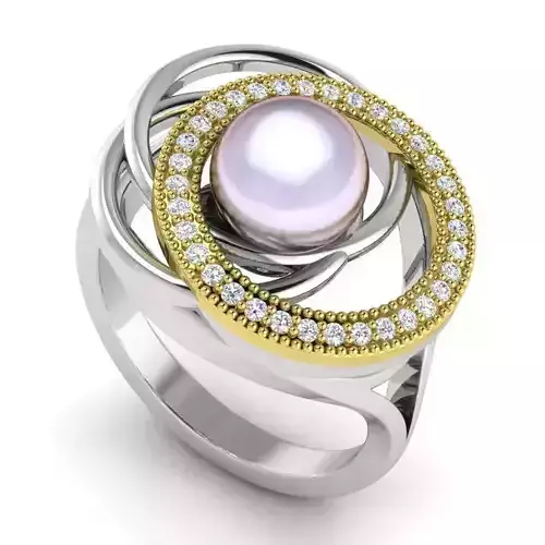 Round Engagement Ring With Pink Pearl and Diamonds