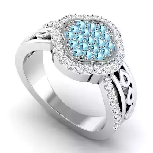 Flower Shaped Carved Engagement Ring With Sky Blue Diamonds