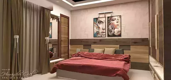BEDROOM with bed and paintings on wall 3D model