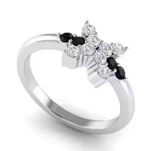 Flower Shaped Engagement Ring With Black Diamonds