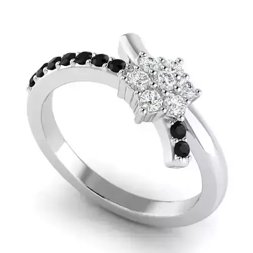 Flower Shaped Engagement Ring With BlackWhite Diamonds