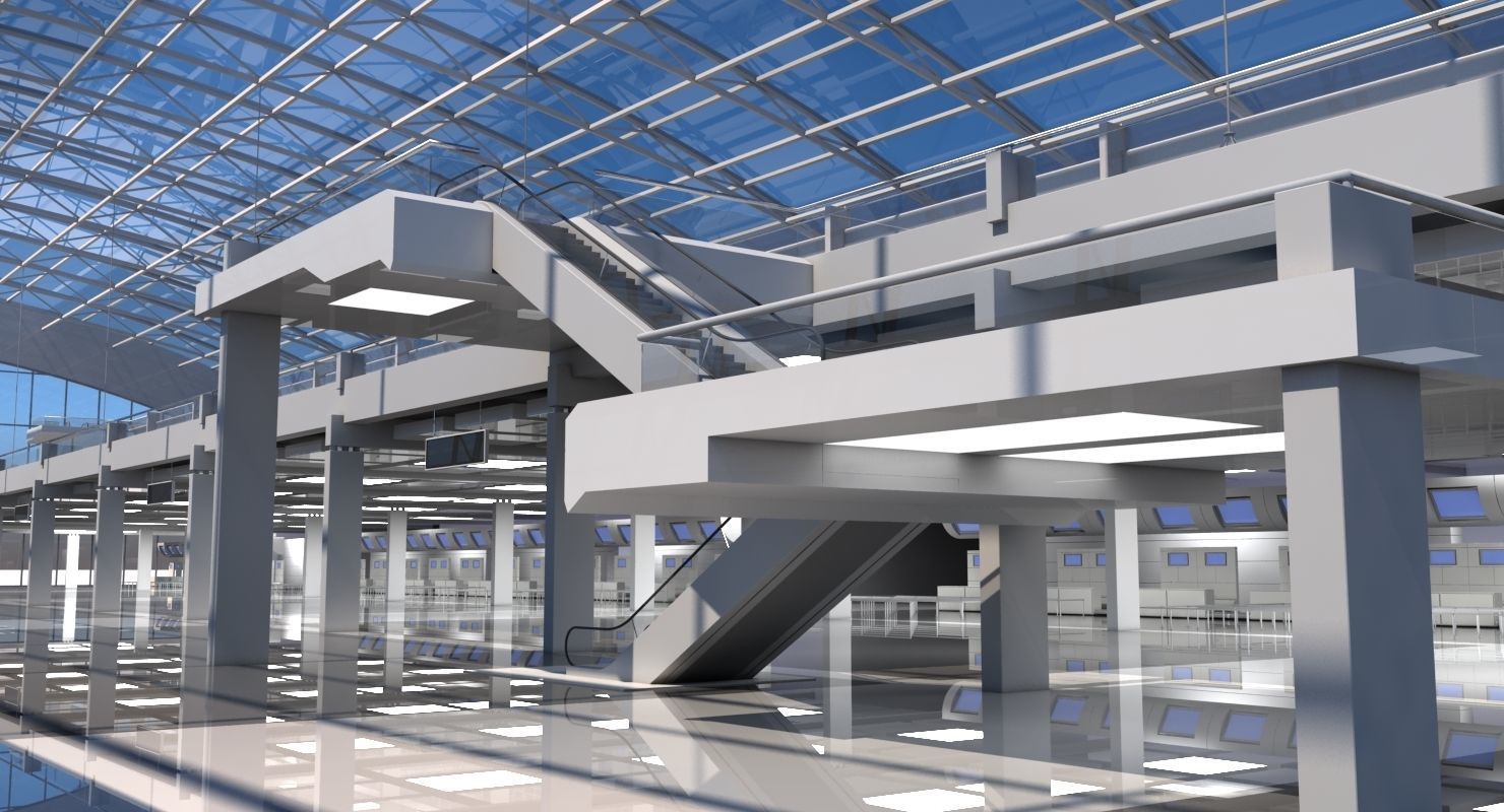 Airport Check in Building Interior 3D model_8