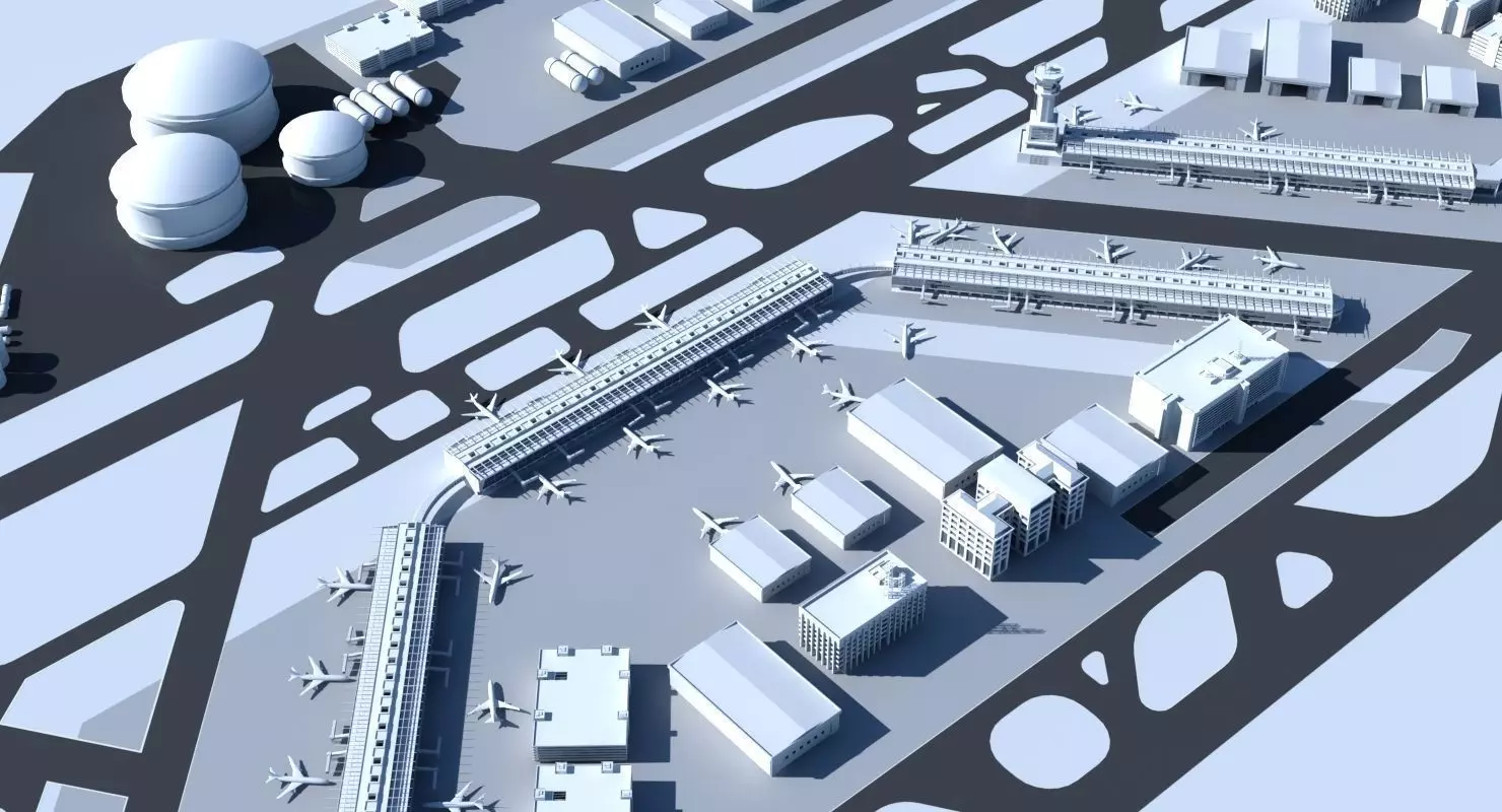 3D Airport with buildings and runway 3D model_0