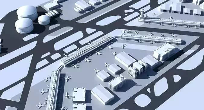 3D Airport with buildings and runway 3D model