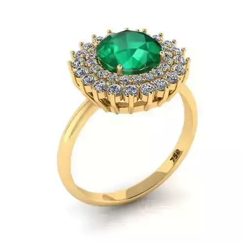 Golden Round Engagement Ring With Halo Emerald