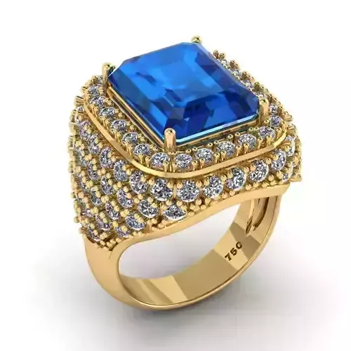 Big Golden Halo Engagement Ring with Sapphire 3D print model