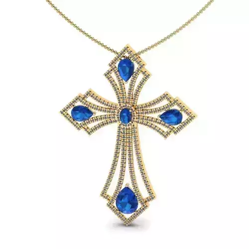 Golden Jesus Cross Shaped Pendant With Sapphires