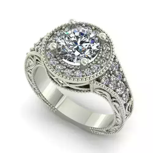 Round Carved Halo Engagement Ring With Diamonds