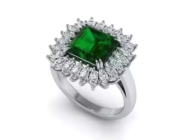 Flower Shaped Halo Engagement Ring With Emerald