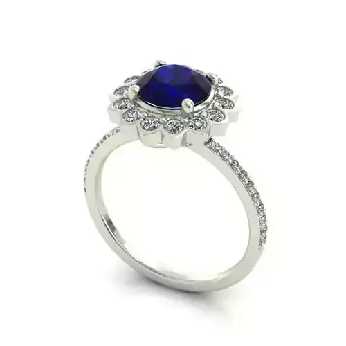 Flower Shaped Halo Engagement Ring With Sapphire