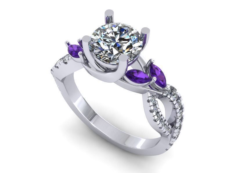 Twisted Engagement Ring With Purple Gemstones 3D print model