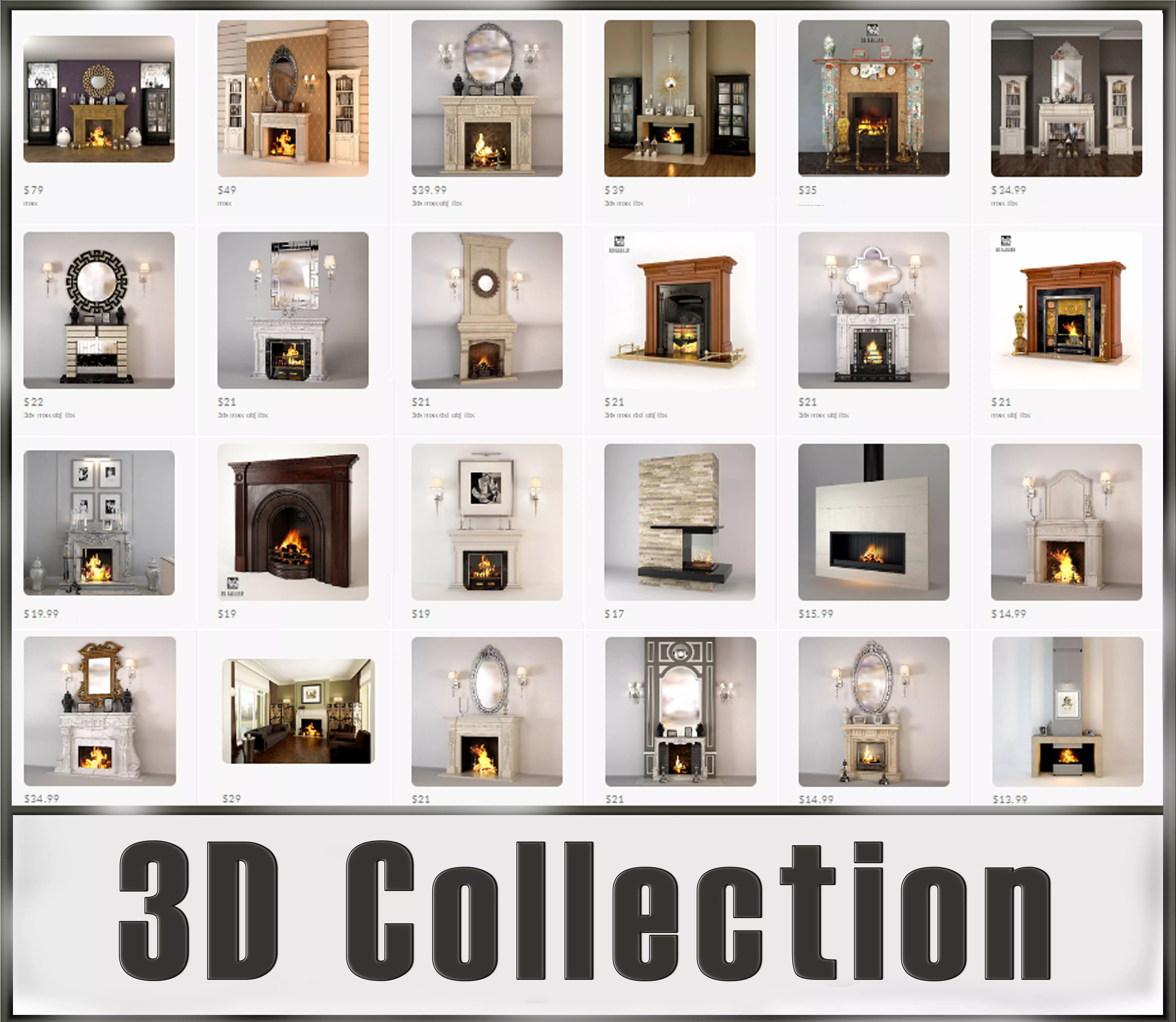 Fireplaces Collection fireplace with two vases and fire 3D model