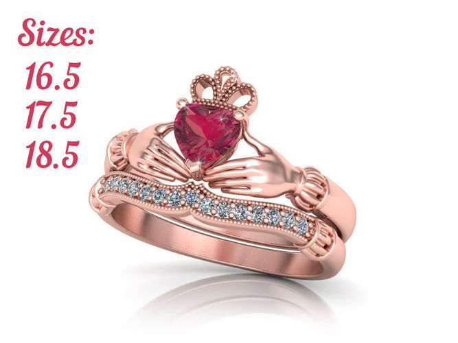 Wedding Set  Claddagh  Engagement ring with Heart gem 3 Sizes  3D print model