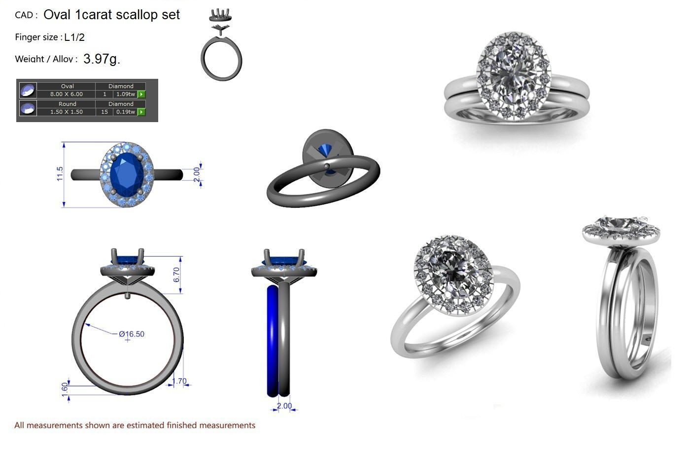 Oval Diamond with Scallop Set Halo and Plain Band 3D print model_3