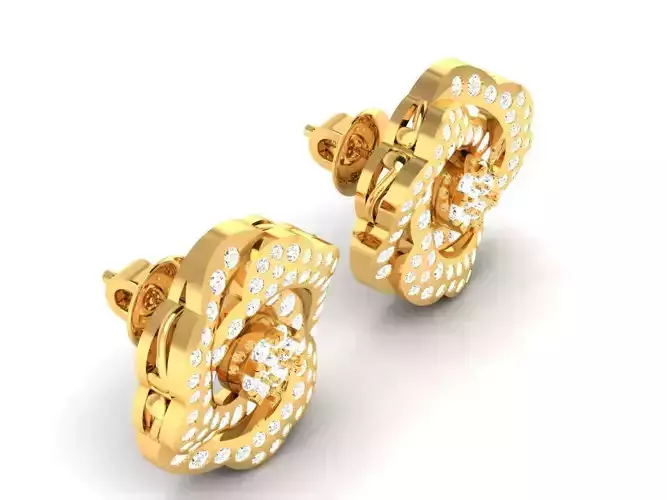 Flower Shaped Golden Eartops With Diamonds