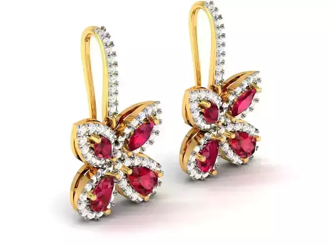 Flower Shaped Golden Eartops With Gemstones