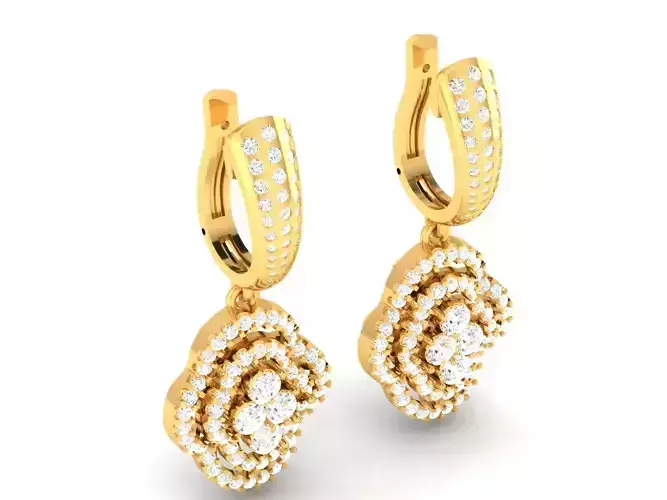 Flower Shaped Golden Drop Earrings With Diamonds