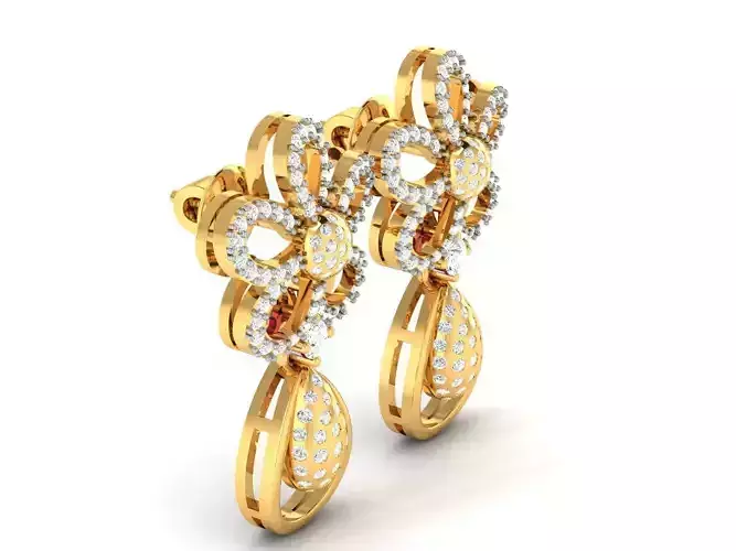 Flower Shaped Golden Drop Earrings With Diamonds 1
