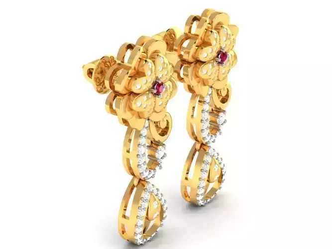 Floral Design Golden Drop Earrings With Diamonds