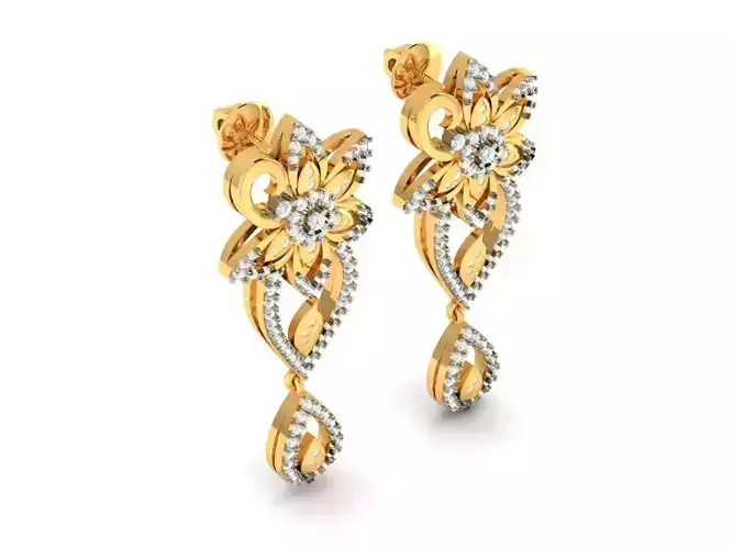 Flower Shaped Gold Color Drop Earrings With Diamonds