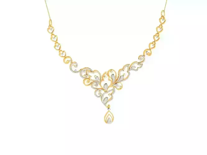 Floral Design Golden Necklace With Diamonds 3D print model