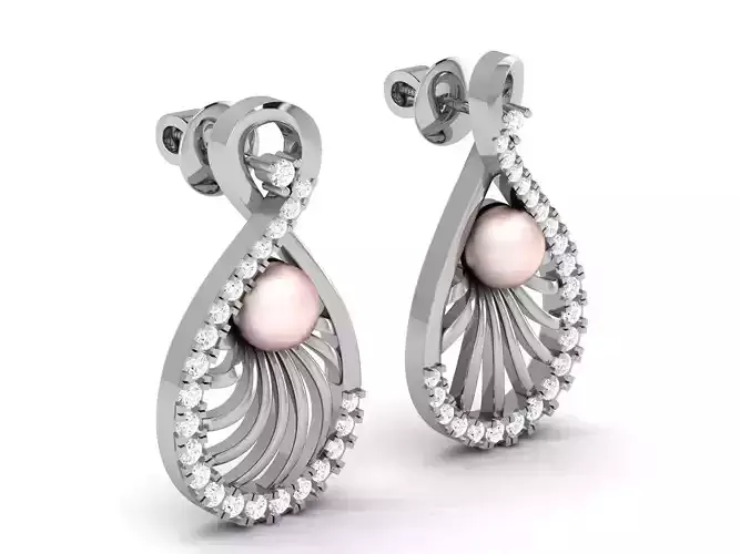 Drop Shap Eartops With Diamonds and Pink Pearl