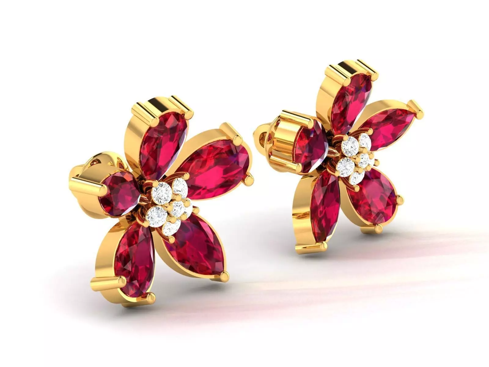 Flower Shaped Eartops With Red Gemstones 3D print model_0