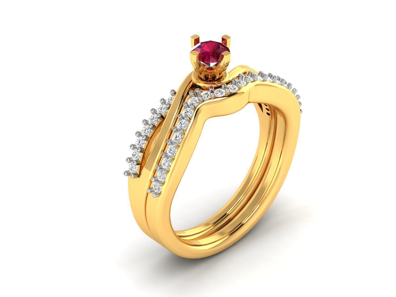 Gold Color Engagement Ring With Ruby Gems 3 3D print model_1