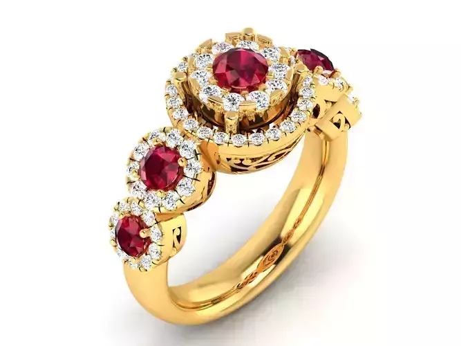 Golden Carved Halo Engagement Ring With Ruby