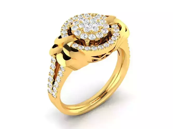 Golden Carved Halo Engagement Ring With Diamonds