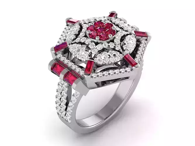 Hexagon Shaped Engagement Ring With Diamonds and Gems