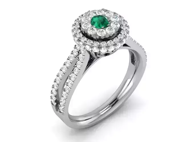 Round Halo Engagement Ring With Emerald