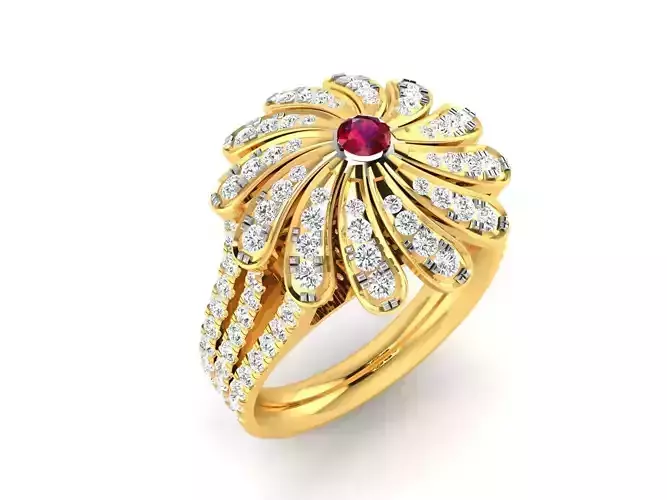 Flower Shaped Gold Color Engagement Ring With Ruby