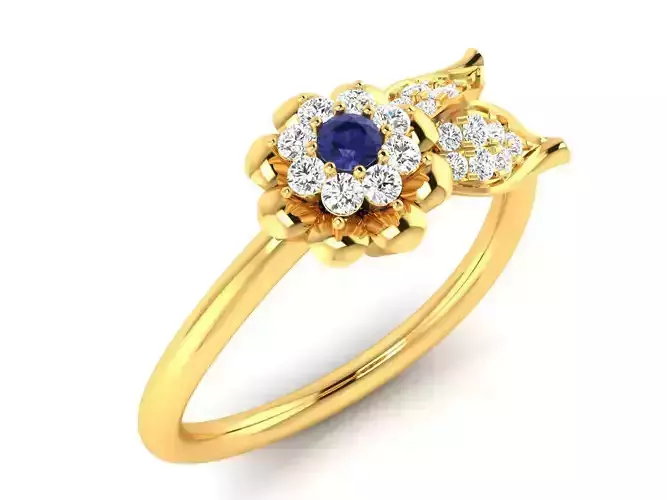 Flower Shaped Golden Engagement Ring With Sapphire 1