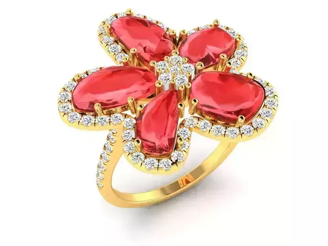 Big Flower Golden Engagement Ring With Ruby 3D print model