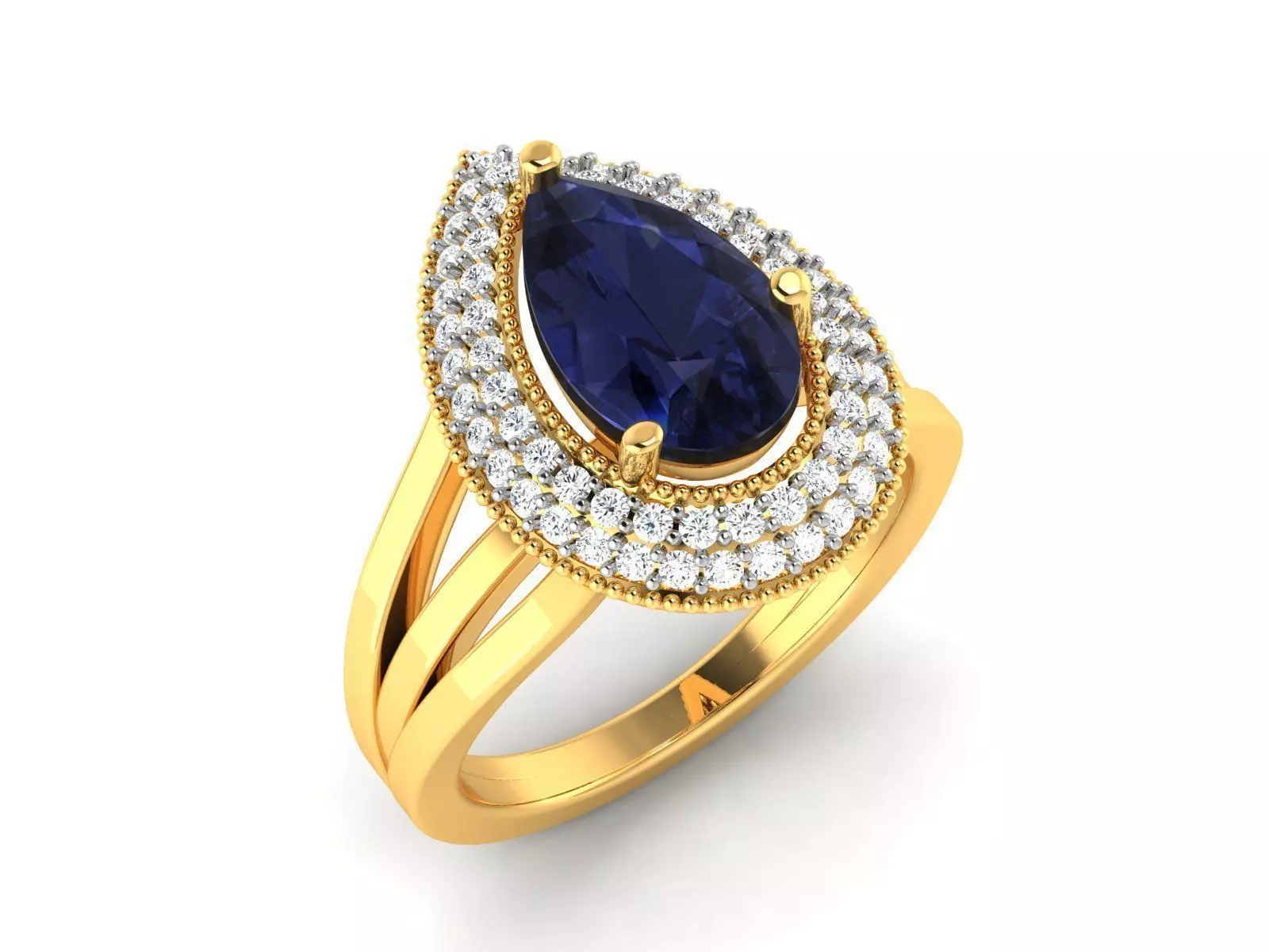 Drop Shaped Halo Golden Engagement Ring With Sapphire 3D print model_0