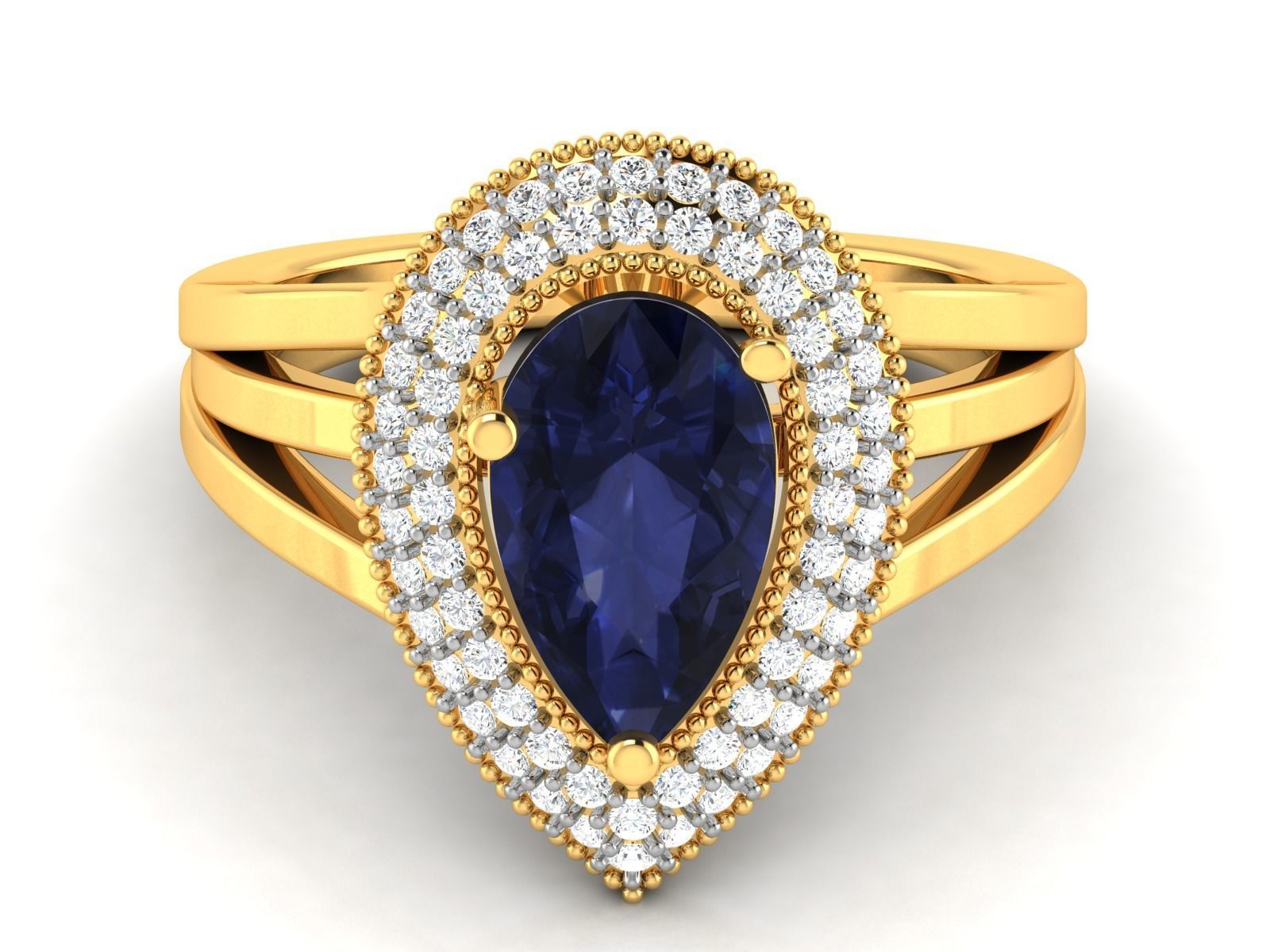 Drop Shaped Halo Golden Engagement Ring With Sapphire 3D print model_7