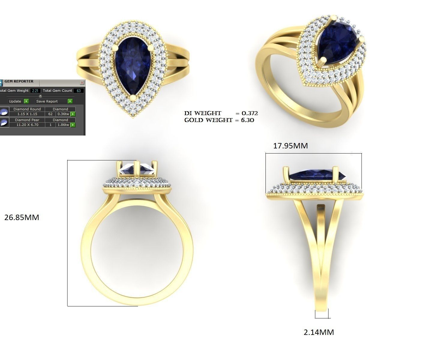 Drop Shaped Halo Golden Engagement Ring With Sapphire 3D print model_8