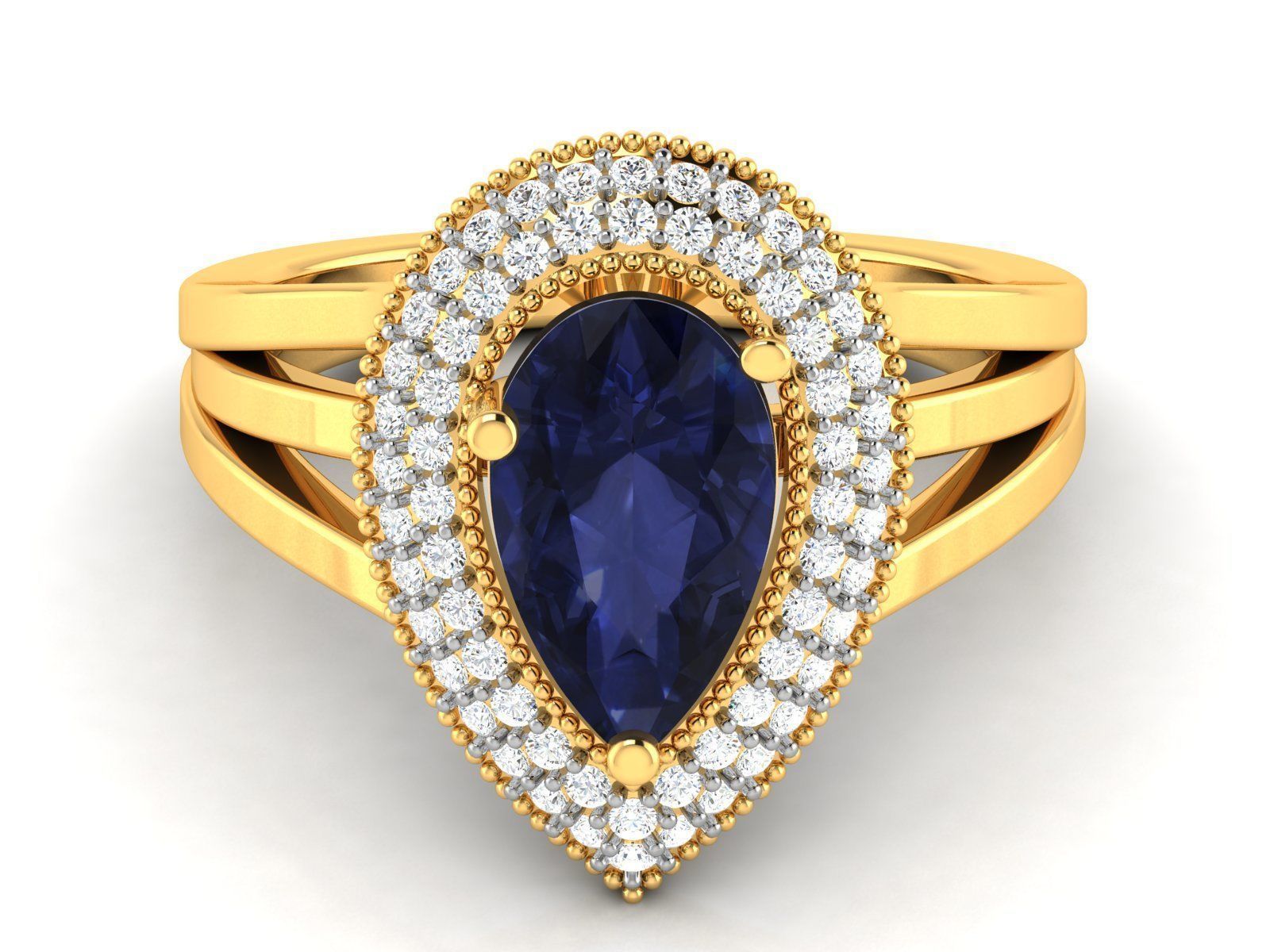 Drop Shaped Halo Golden Engagement Ring With Sapphire 3D print model_6