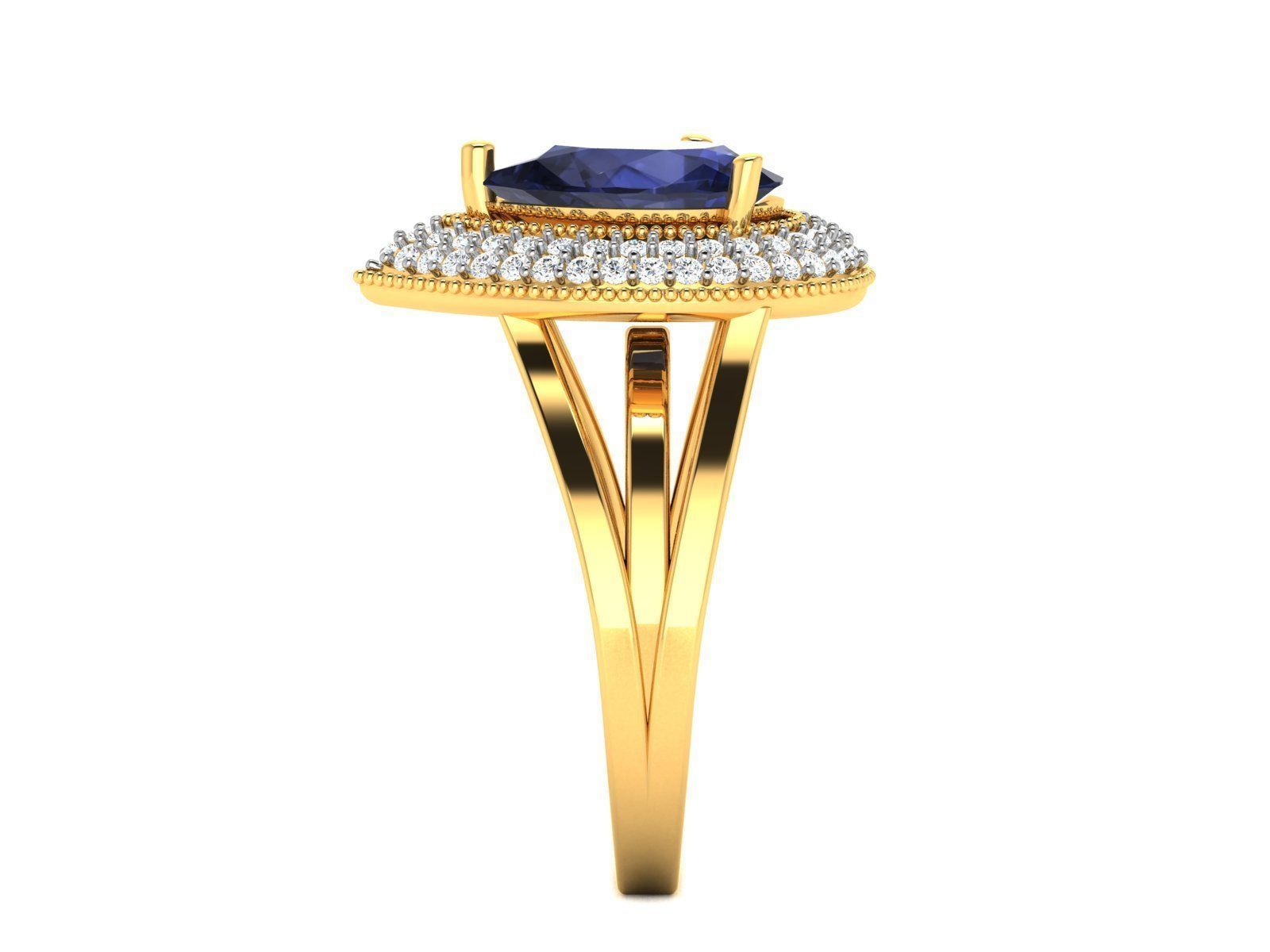 Drop Shaped Halo Golden Engagement Ring With Sapphire 3D print model_4