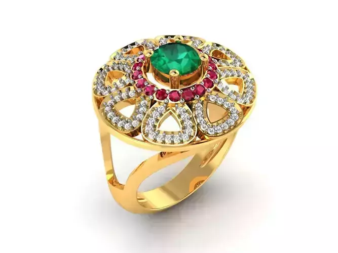 Round Flower Shaped Engagement Ring With Gems