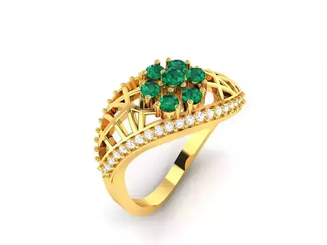 Floral Design Golden Engagement Ring With Emeralds