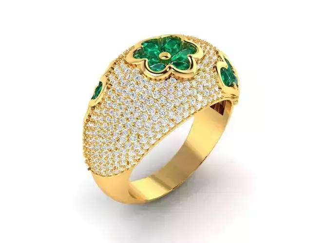 Wide Golden Engagement Ring with Emeralds