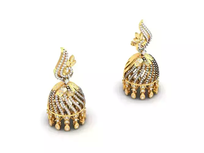 Bell Shaped Golden Drop Earrings With Diamonds