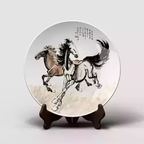Chinese Porcelain Dinner Plate - Horse Painting  - with Stand
