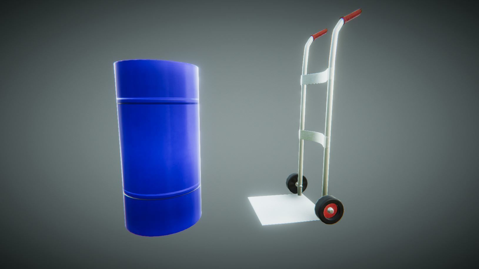 MetallicBarrel hand truck and barrel Low-poly 3D model_4